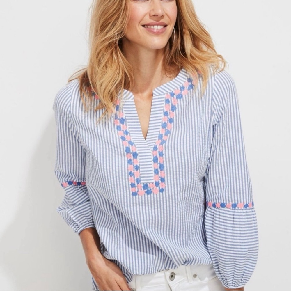 Vineyard Vines Savannah Popover Blue Seersucker Top Cotton Embroidered Size M